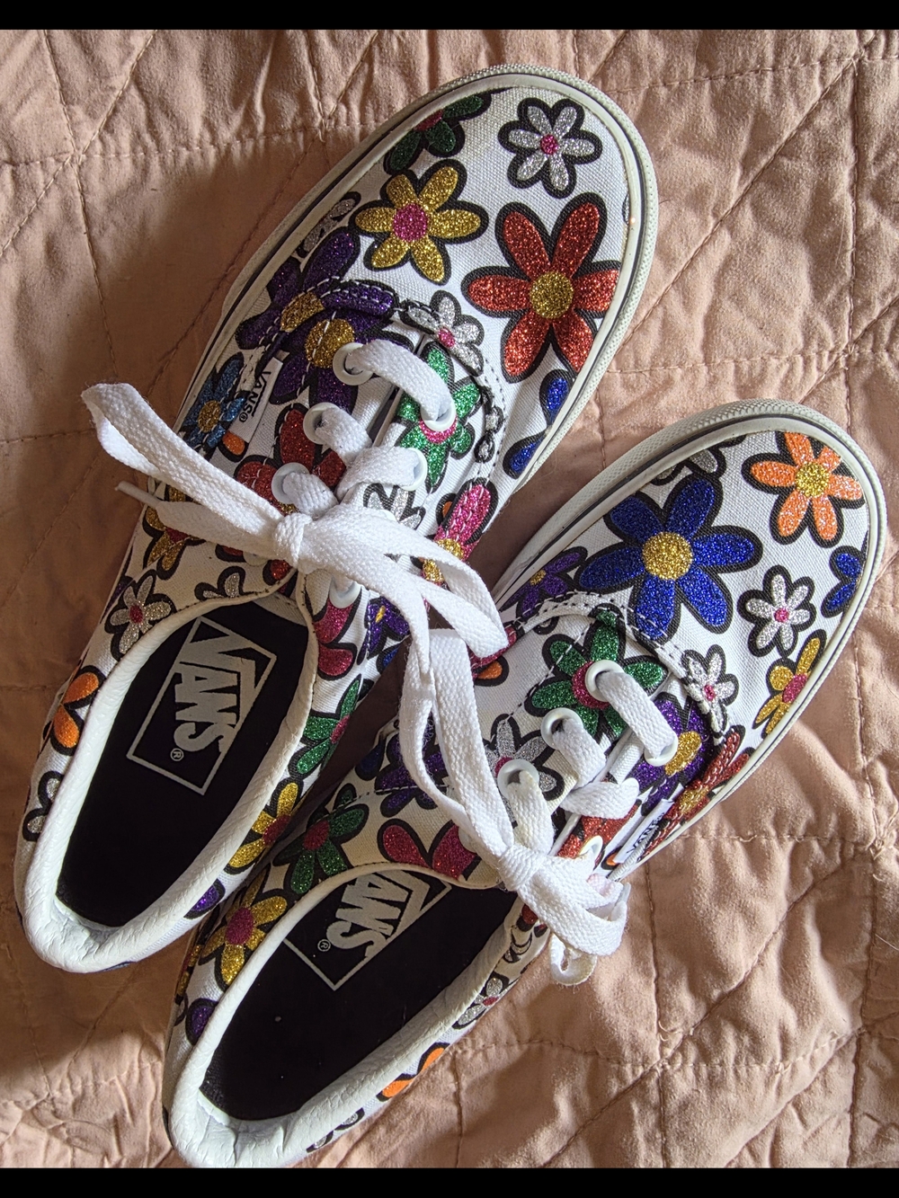 Vans White Canvas Sneakers with Multicolor Glitter Flowers